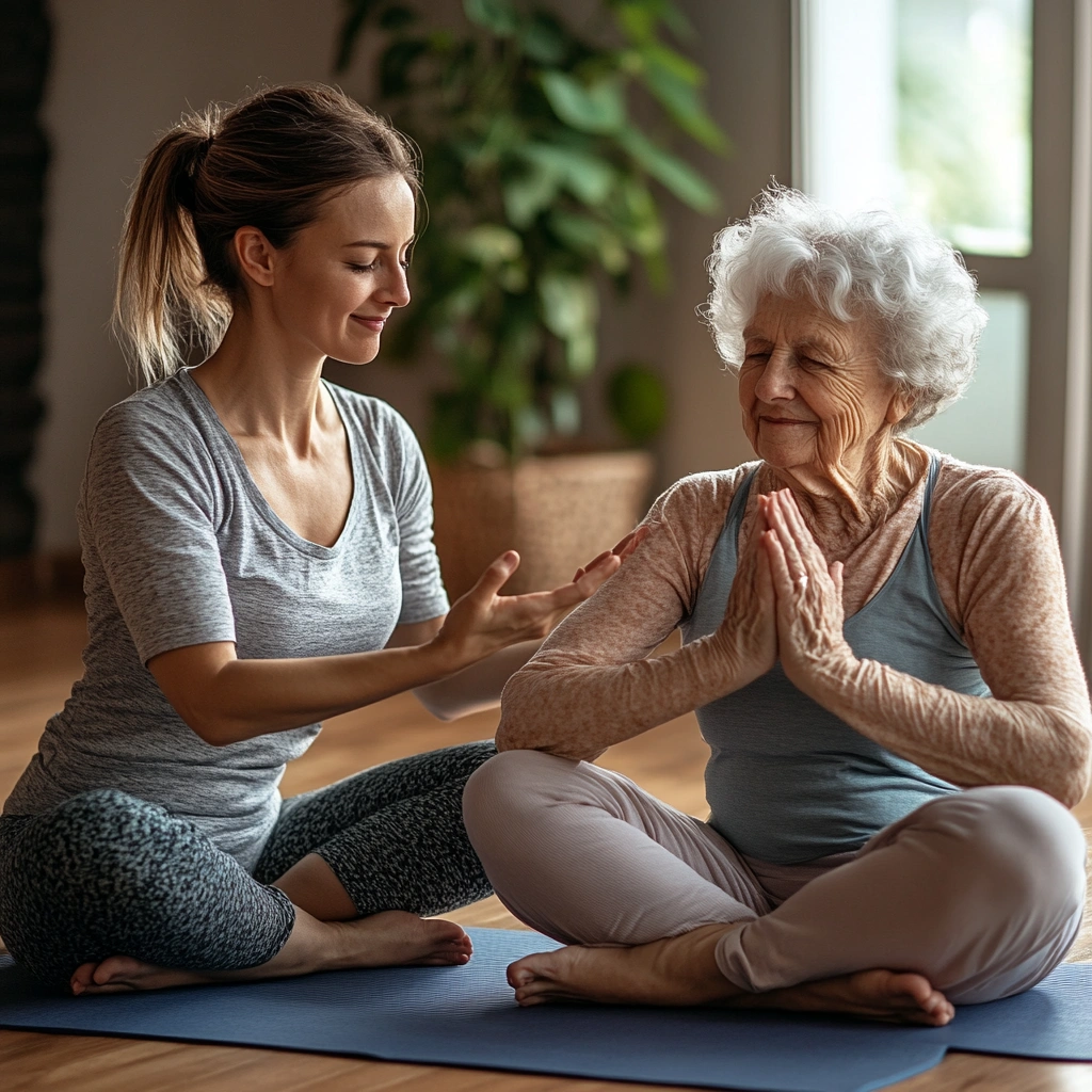 Інструктор допомагає пенсіонеру виконувати позу йоги