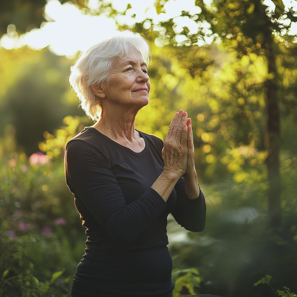 Пенсіонери практикують йогу на природі